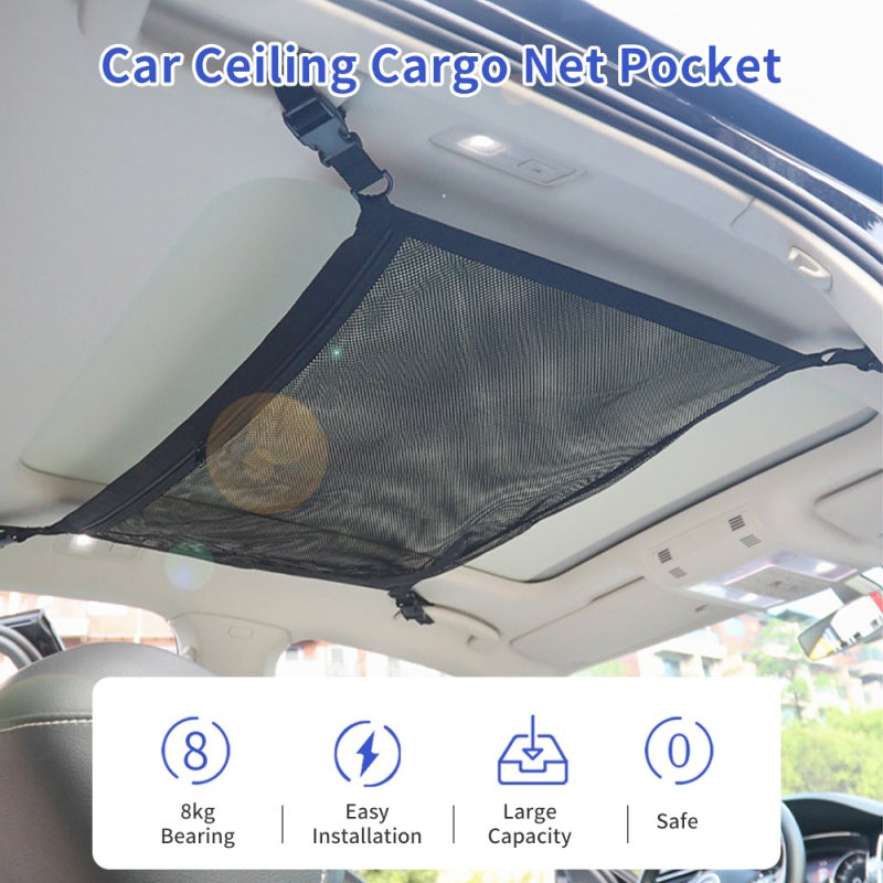 Car Ceiling Net 2-Layer Polyester Black Storage Solution With Zipper Drawstring Design - Space-Saving Vehicle Organizer for Family Travel Most 4-Handlebar Cars - Image 2