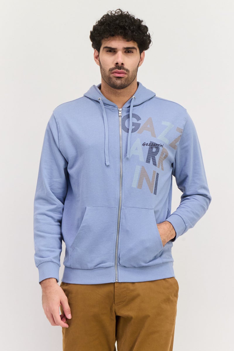 Gazzarrini سويت شيرت رجالي بغطاء رأس بأكمام طويلة مزخرف، أزرق رمادي - Image 1
