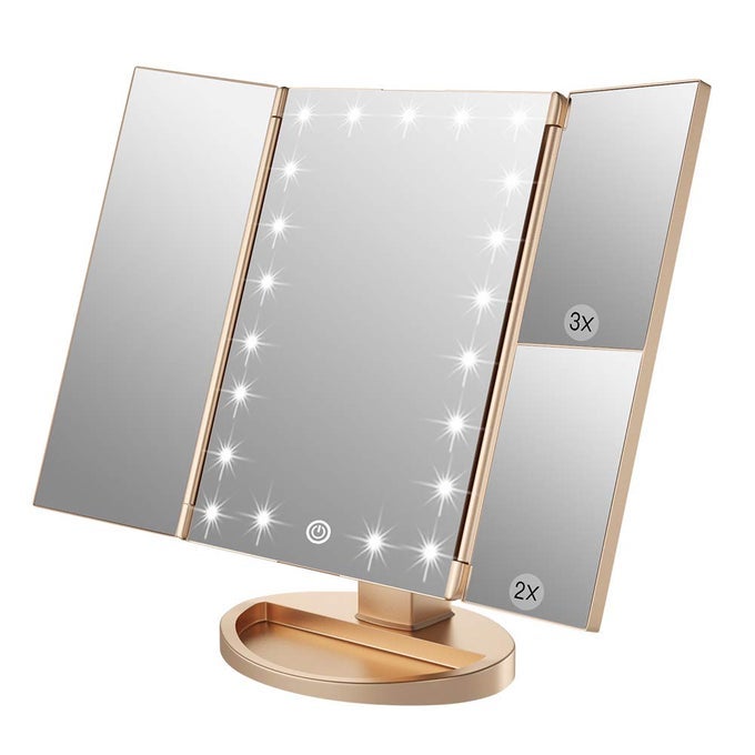MAKEUP MIRROR WITH 21 LED LIGHTSTWO POWER SUPPLY MODES ADJUSTABLE TOUCH SCREEN AND 1X2X3X MAGNIFICATION TRIFOLD VANITY MIRRORCHARGEABLE TRAVEL COSMETIC MIRROR FOR DESKTOPGOLD