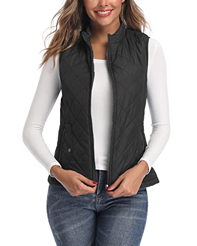 LONGKING Black Women's Vest, Stand Collar Lightweight Zip Quilted Vest for Women L - Image 2