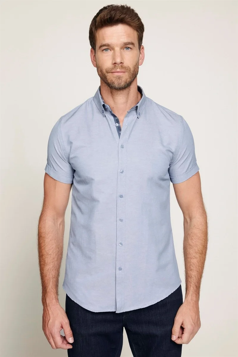 Tudors Slim Fit Short Sleeve Buttoned Collar Poplin Oxford Men's Gray Shirt