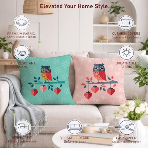 STITCHNEST Ethnic Owl Printed Poly Cotton Cushion Covers, Set of 2 (18 x 18 Inches with Fillers) - Image 4