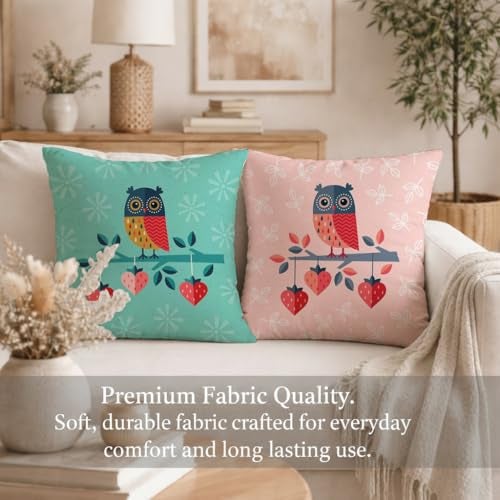 STITCHNEST Ethnic Owl Printed Poly Cotton Cushion Covers, Set of 2 (18 x 18 Inches with Fillers) - Image 3