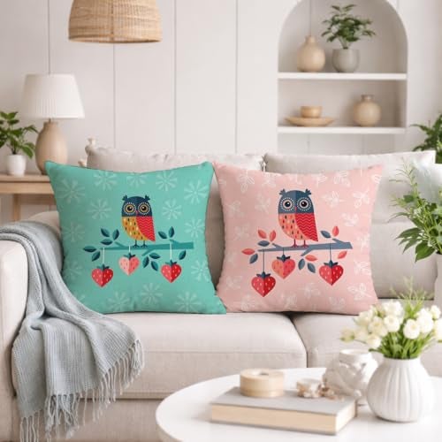 STITCHNEST Ethnic Owl Printed Poly Cotton Cushion Covers, Set of 2 (18 x 18 Inches with Fillers) - Image 1