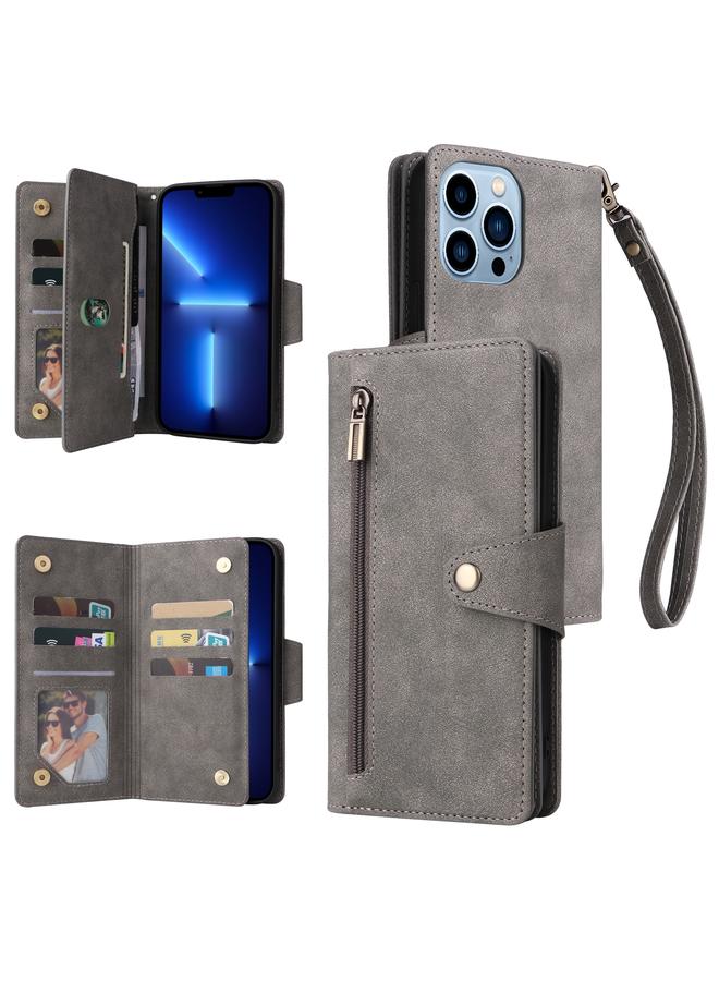 Zaboon Case For iPhone 13 Pro Max Rivet Buckle 9 Cards Three Fold Leather Phone Case - Image 1