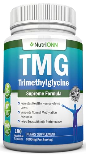 TMG Trimethylglycine Supplement 1000mg 180 Capsules Premium Pure Betaine Anhydrous Supports Normal Homocysteine Blood Pressure Levels Promotes Methylation Processes NonGMO Formula