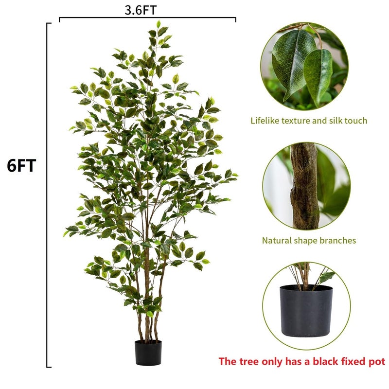 Bailikang Artificial Ficus Tree Indoor 6ft, Large Potted Faux Tree with Realistic Silk Leaves & Trunk for Home Office, Living Room Corner Decor - Image 2