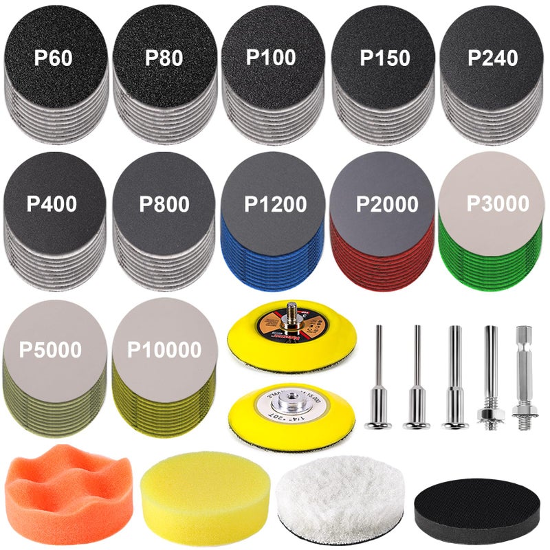 GOH DODD 131 Pieces 3 Inch Sanding Discs, GOH DODD Headlight Restoration Kit Hook and Loop Sanding Pads 60 to 10000 Grit Wet Dry Sandpaper with 1/8" 1/4â€ Shank, Backer, Polishing Pads and Interface Pad - Image 1