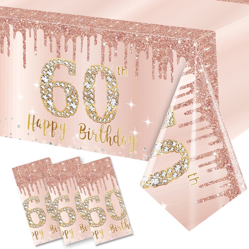 Excelloon 3 Pack Pink Rose Gold Happy 60 Birthday Table Cover Party Supplies Sixty Year Old Plastic Disposable Rectangular Table Cloth Decor