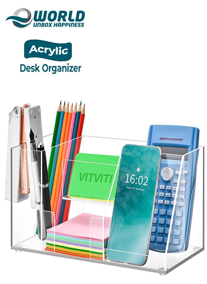 Eworld Clear Acrylic Desk Organizer with 5 Compartments, Pen Holder, Sticky Notes Box, Business Card Holder, and Phone Stand, Streamline Office Storage and Elevate Workspace.  - Image 1