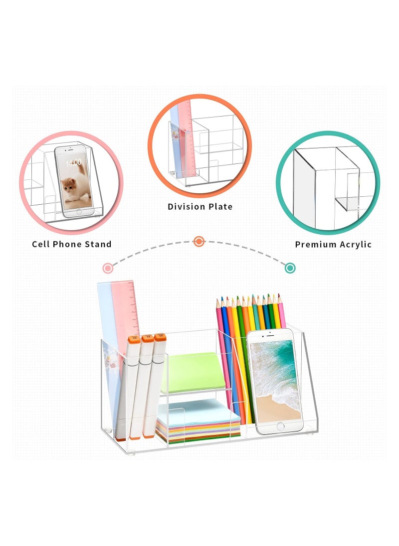 Eworld Clear Acrylic Desk Organizer with 5 Compartments, Pen Holder, Sticky Notes Box, Business Card Holder, and Phone Stand, Streamline Office Storage and Elevate Workspace.  - Image 4
