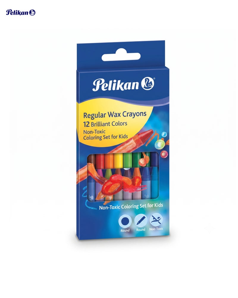 Pelikan Regular Wax Crayons, 12 Brilliant Colors – Round, Non-Toxic Coloring Set for Kids