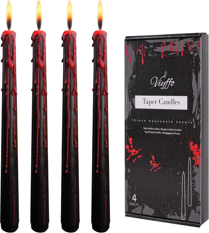 Viyffo Taper Candles – Black Halloween Candle Sticks, 10 Inch Vampire Blood Drip Bleeding Candles, Set of 4 Unscented Candlesticks for Spooky Gothic Decor and Creepy Vampire Room - Image 1