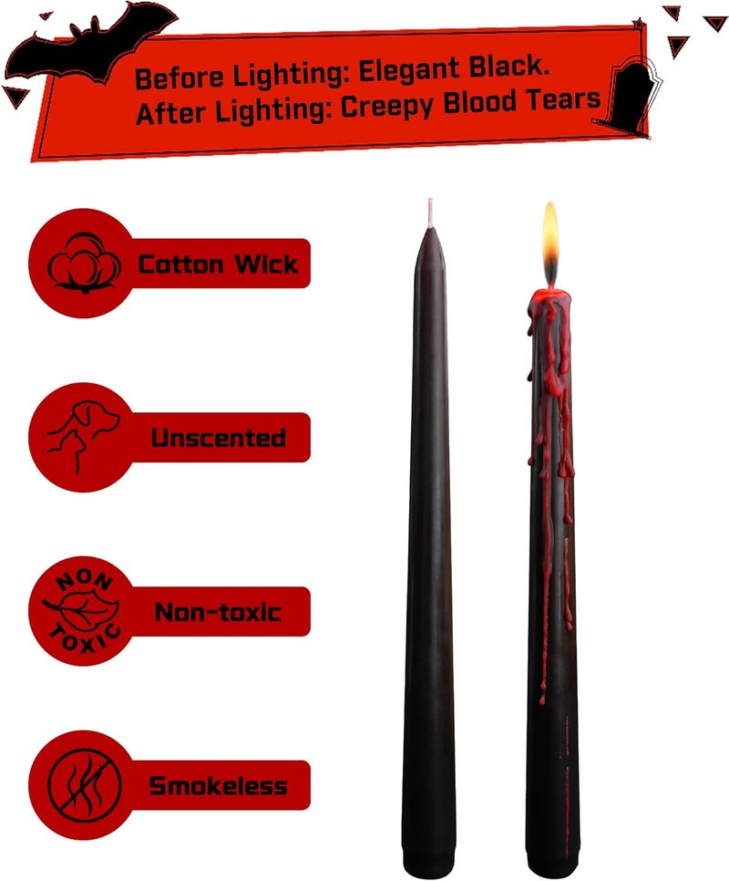 Viyffo Taper Candles – Black Halloween Candle Sticks, 10 Inch Vampire Blood Drip Bleeding Candles, Set of 4 Unscented Candlesticks for Spooky Gothic Decor and Creepy Vampire Room - Image 2
