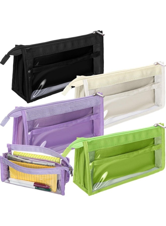 حافظة أقلام شبكية مكونة من 4 قطع مع حقيبة أقلام بسحاب للوازم المدرسية، حقيبة أقلام مكونة من 6 طبقات لتنظيم القرطاسية وحقيبة أقلام شفافة بسعة كبيرة، باللون الأرجواني والأبيض والأسود والأخضر - Image 1