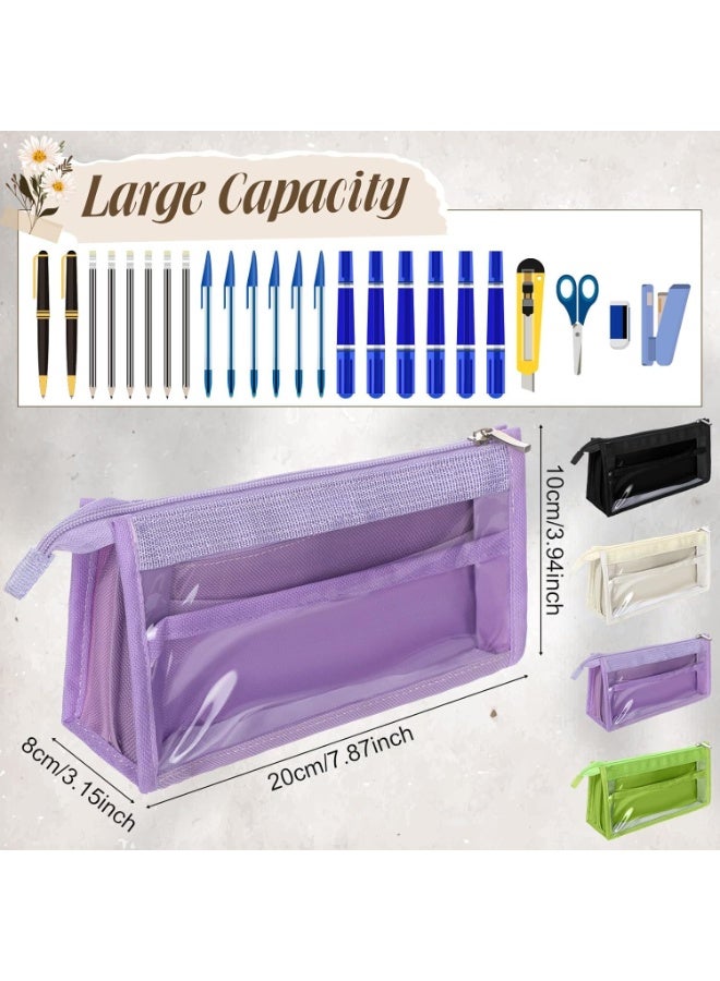 حافظة أقلام شبكية مكونة من 4 قطع مع حقيبة أقلام بسحاب للوازم المدرسية، حقيبة أقلام مكونة من 6 طبقات لتنظيم القرطاسية وحقيبة أقلام شفافة بسعة كبيرة، باللون الأرجواني والأبيض والأسود والأخضر - Image 2