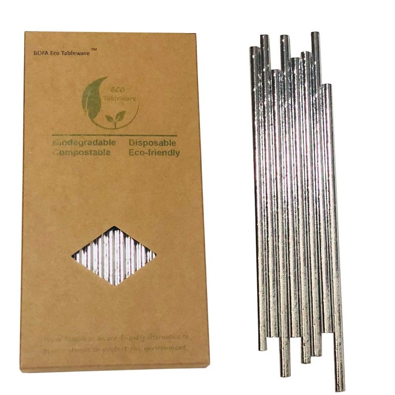 Metallic Silver Paper Straws 100 Pack Silver Foil Biodegradable Extra Durable Paper Drinking Straws for Cake Pops in Birthday Anniversary Wedding Decoration Party Supplies