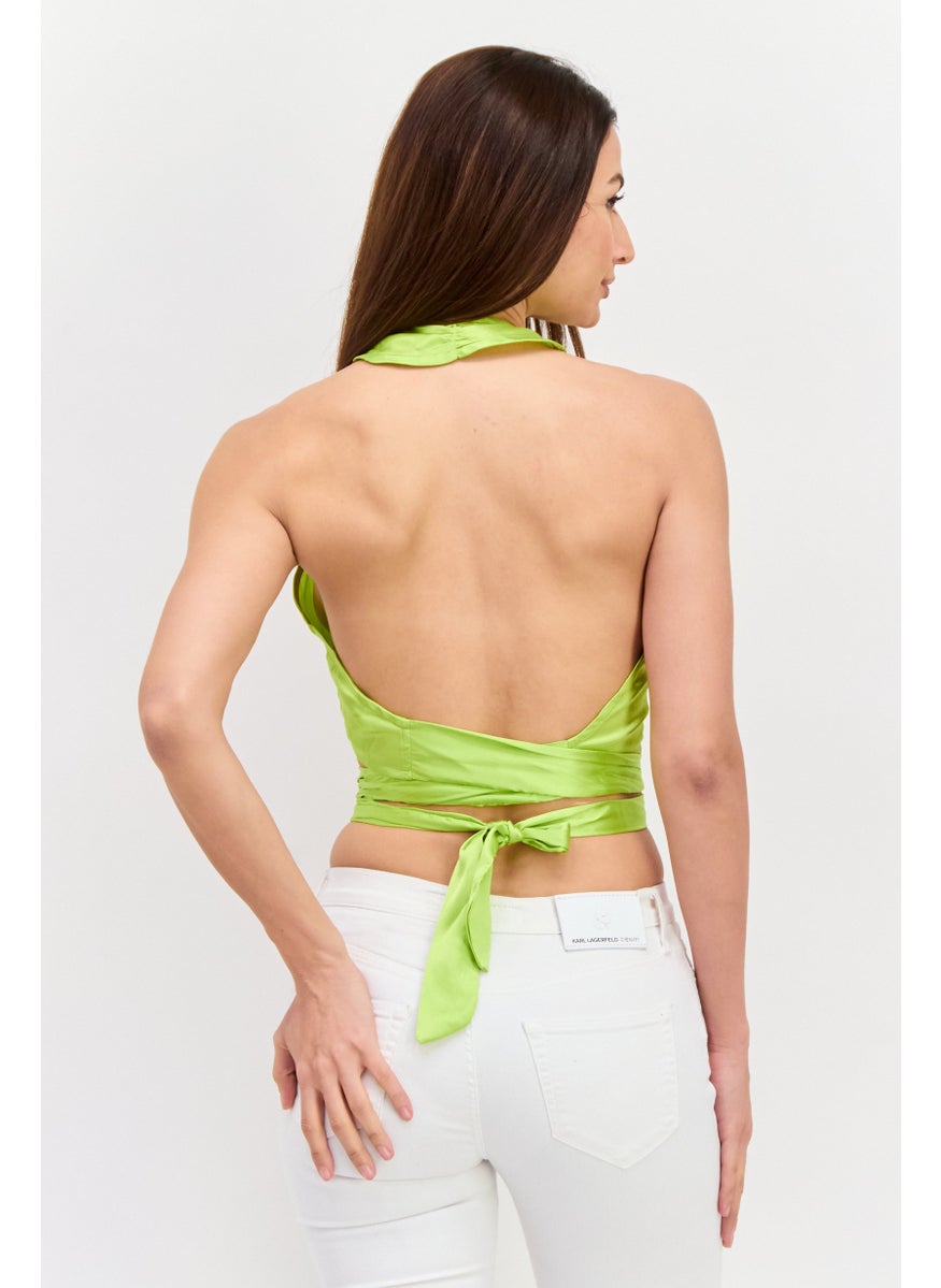 Violet Romance - Women Halter Neck Sleeveless Plain Crop Top, Green - Image 1