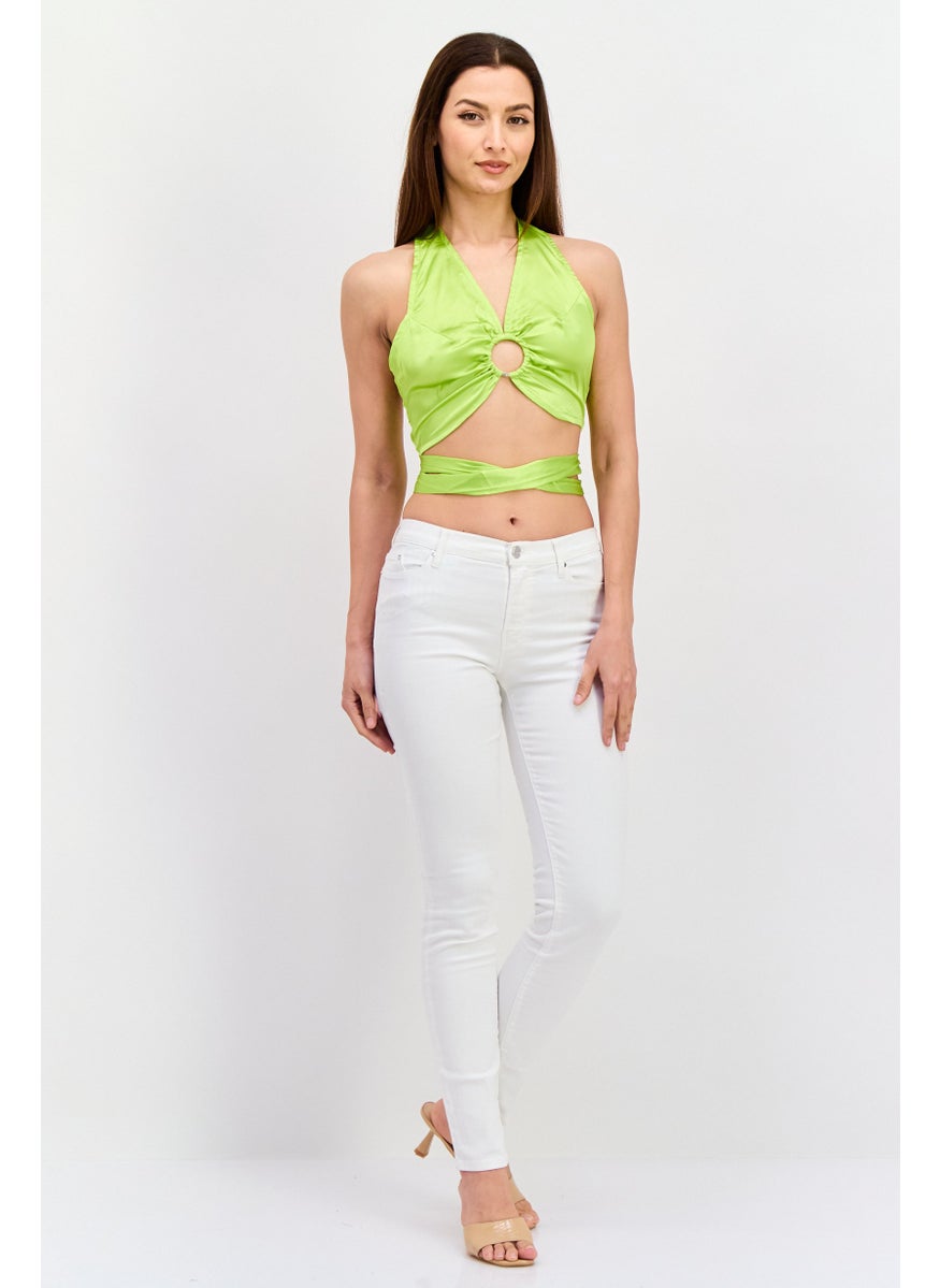 Violet Romance - Women Halter Neck Sleeveless Plain Crop Top, Green - Image 1