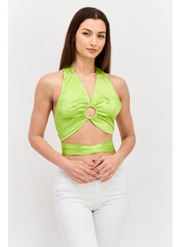 Women Halter Neck Sleeveless Plain Crop Top, Green