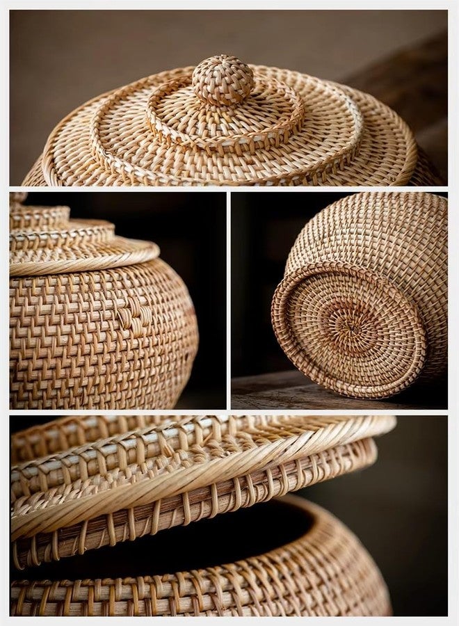 KODENG Basket Storage Rattan Woven Baskets with Lid Round Wicker Fruit Boxes Decorative Tray Lids Sundries Mini Snack Bread Organizer (12) - Image 4