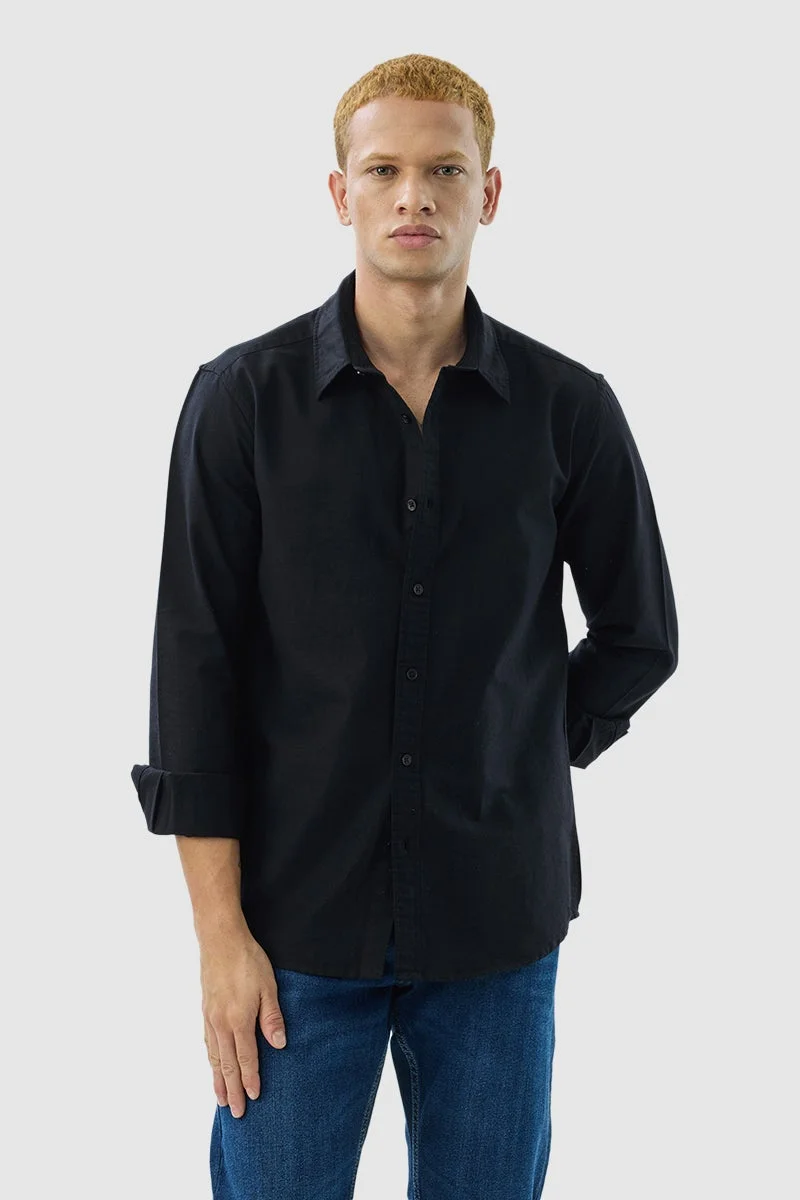 SNITCH Black Solid Long Sleeve Slim Fit Shirt