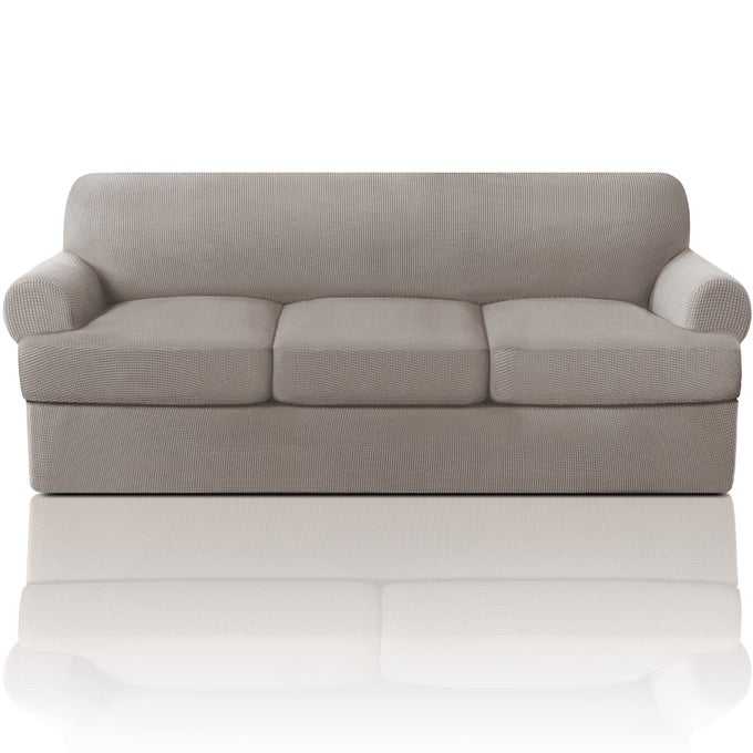 T CUSHION SOFA SLIPCOVER 4 PIECES SOFA COVERS FOR T CUSHION COUCH SOFT SOFA SLIP COVERS FURNITURE PROTECTOR WITH 3 INDIVIDUAL T SHAPE SEAT COVERS WIDTH UP TO 90 INCH TAUPE