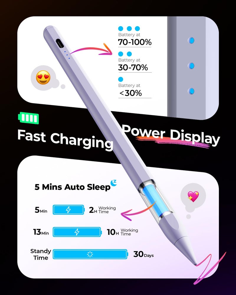 JAMJAKE قلم ستايلس لجهاز iPad الجيل 10 و11، قلم رقمي لجهاز Apple iPad (2018-2025)، قلم حساس للزاوية متوافق مع iPad Pro 11/12.9/M4، iPad 6-11، iPad mini 5/6، iPad Air 3/4/5/M2/M3 - بنفسجي - Image 3