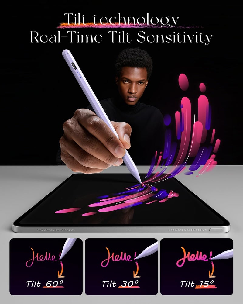JAMJAKE قلم ستايلس لجهاز iPad الجيل 10 و11، قلم رقمي لجهاز Apple iPad (2018-2025)، قلم حساس للزاوية متوافق مع iPad Pro 11/12.9/M4، iPad 6-11، iPad mini 5/6، iPad Air 3/4/5/M2/M3 - بنفسجي - Image 2