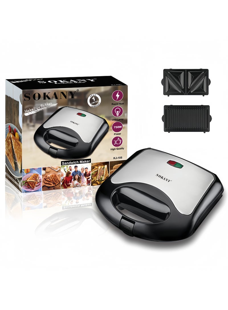 سوكاني صانع السندويتشات، غير لاصق، شواء متعدد الاستخدامات 2 في 1، أضواء مؤشر، وجبات سريعة وسهلة، تصميم مدمج، 750 واط KJ-105 أسود - Image 1