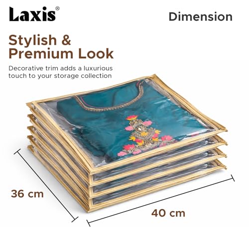 LAXIS® Non-Woven Single Saree Bags Golden Colour, Transparent Saree Covers With Zip, Saree Covers For Storage, Wardrobe Organiser, Size-36x42x2CM (Pack of 30) - Image 2