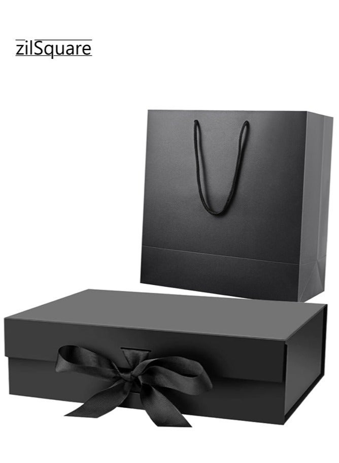 Luxury Black Gift Box with Bag, Magnetic Lid Closure 32x20x10cm – Large Elegant Empty Gift Packaging Box with Ribbon Bag for Men & Women | Premium Reusable Gift Box for Birthday, Wedding, Eid, Valentine, Christmas & Parties