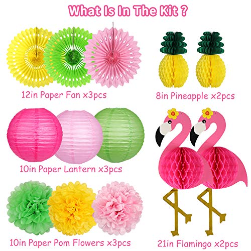 YUNXUAN Flamingo Party Supplies, Hawaiian Party Decorations Flamingo and Pineapple Honeycomb Ball Paper Lanterns Paper Fans Pom poms Flowers for Birthday Luau Tropical Bachelorette Party - Image 2