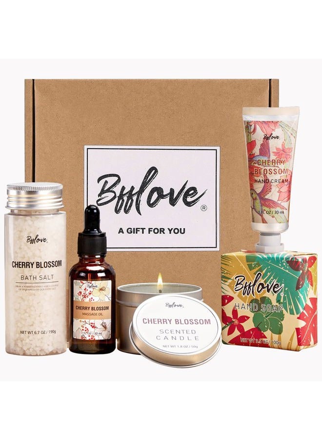 Generic Gifts for Women BFFLOVE Gift Set for Women 5pcs Cherry Blossom Spa Set, Birthday Gifts for Women with Massage Oil, Scented Candle, Bath Salts, Hand Cream, Christmas gifts  - Image 1