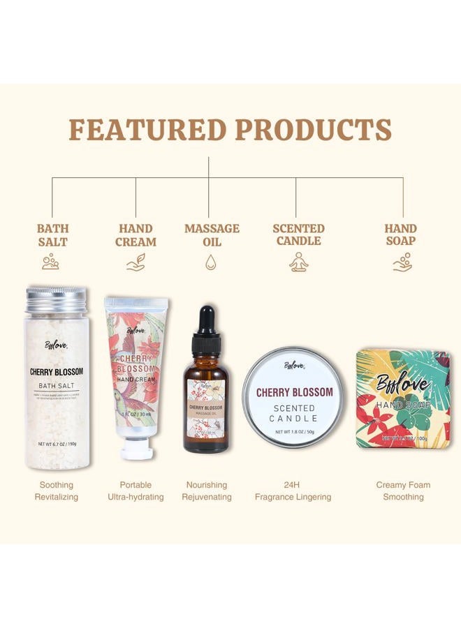 Generic Gifts for Women BFFLOVE Gift Set for Women 5pcs Cherry Blossom Spa Set, Birthday Gifts for Women with Massage Oil, Scented Candle, Bath Salts, Hand Cream, Christmas gifts  - Image 3