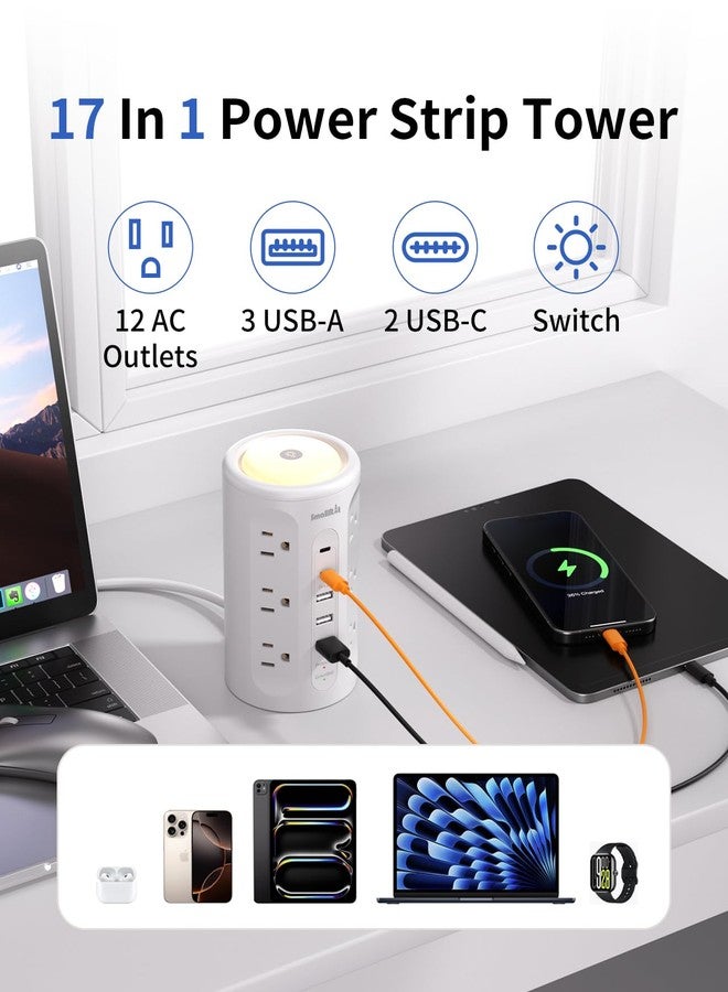 SMALLRT Power Strip Tower with Night Light, Surge Protector Tower with Multiple Outlets (12AC+3A+2C), 10 FT Extension Cord Charging Station for Home, Office, Dorm Essentials (White) - Image 2
