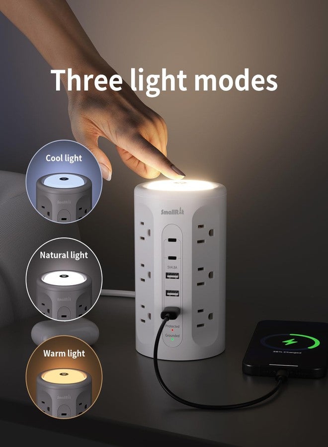 SMALLRT Power Strip Tower with Night Light, Surge Protector Tower with Multiple Outlets (12AC+3A+2C), 10 FT Extension Cord Charging Station for Home, Office, Dorm Essentials (White) - Image 3
