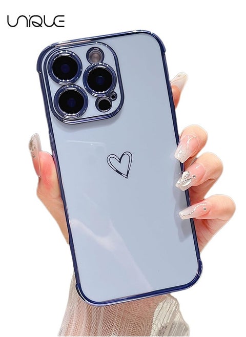 Compatible with iPhone 16 Pro Case，Love Heart Plating Electroplate Elegant Case Camera Protector Soft TPU Shockproof Protective Back Cover iPhone 16 Pro Case - Blue