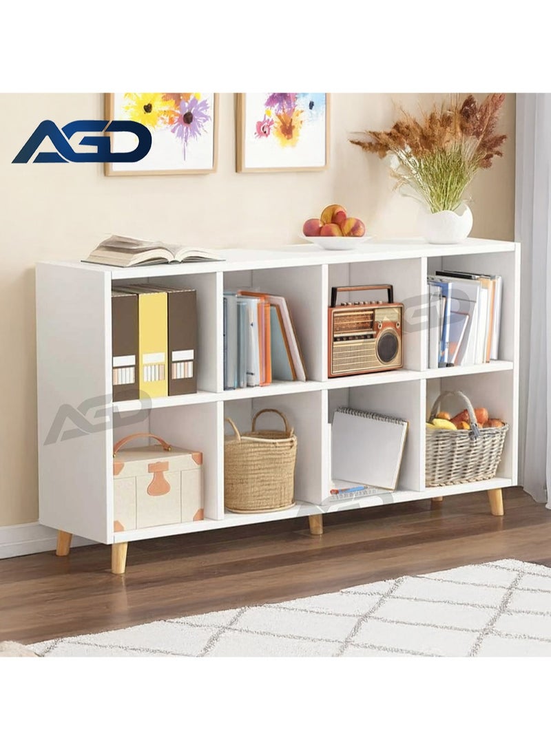 إيه جي دي خزانة كتب خشبية قائمة بذاتها من طبقتين تشتمل على 8 مكعبات مع ارجل بتصميم عصري بسيط أرفف مفتوحة للتخزين، لون أبيض - Image 4