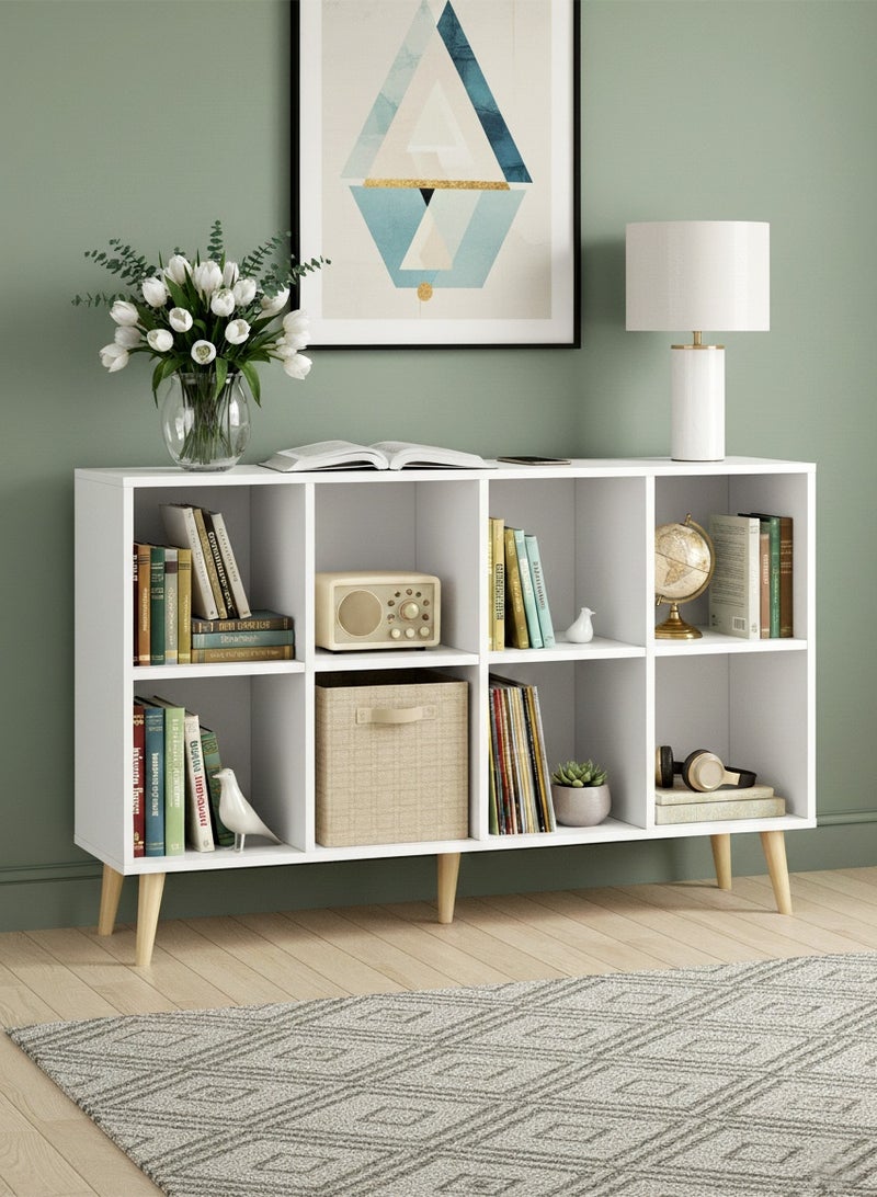 إيه جي دي خزانة كتب خشبية قائمة بذاتها من طبقتين تشتمل على 8 مكعبات مع ارجل بتصميم عصري بسيط أرفف مفتوحة للتخزين، لون أبيض - Image 3