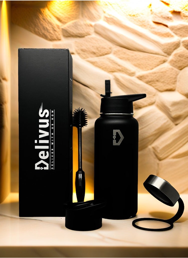 Delivus Insulated Water Bottle Stainless Steel Sports Water Bottle With Wide Mouth & Straw Flip Leak Proof Reusable Hydro Flask Bottle for School & Travel - 32oz Black  - Image 1