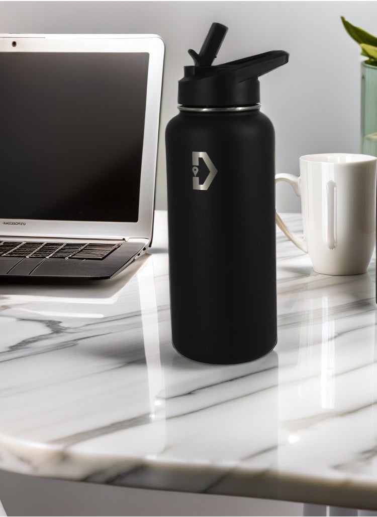 Delivus Insulated Water Bottle Stainless Steel Sports Water Bottle With Wide Mouth & Straw Flip Leak Proof Reusable Hydro Flask Bottle for School & Travel - 32oz Black  - Image 3