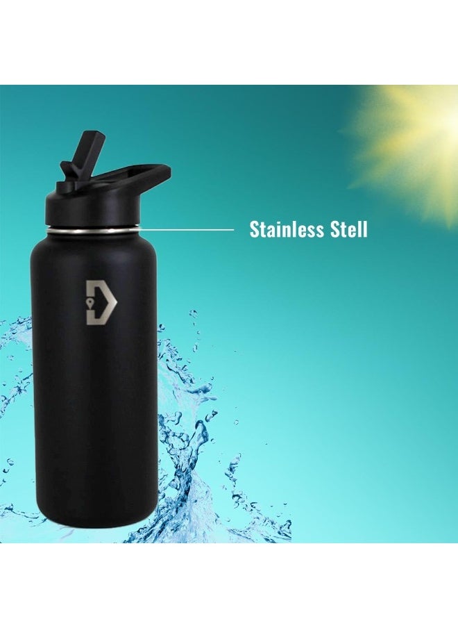 Delivus Insulated Water Bottle Stainless Steel Sports Water Bottle With Wide Mouth & Straw Flip Leak Proof Reusable Hydro Flask Bottle for School & Travel - 32oz Black  - Image 4