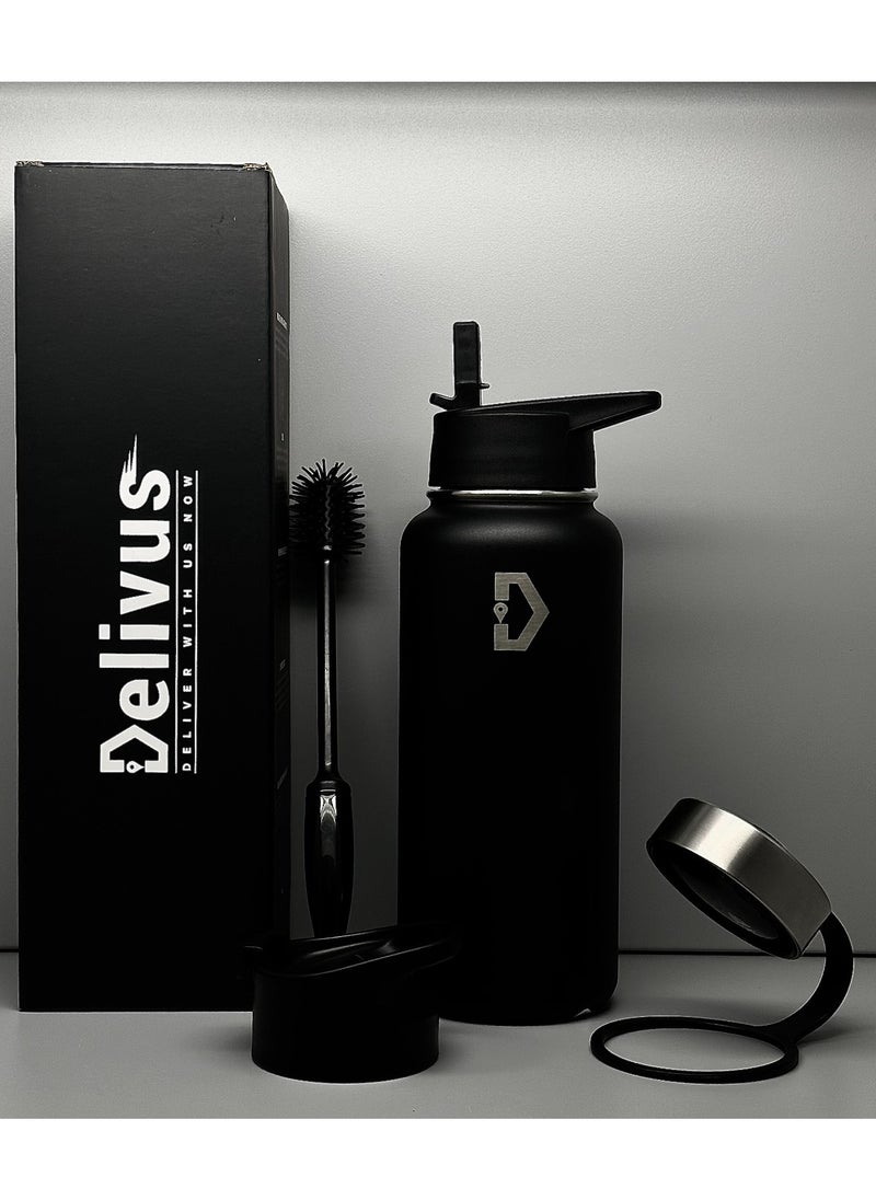 Delivus - Insulated Water Bottle Stainless Steel Sports Water Bottle With Wide Mouth & Straw Flip Leak Proof Reusable Hydro Flask Bottle for School & Travel - 32oz Black - Image 1