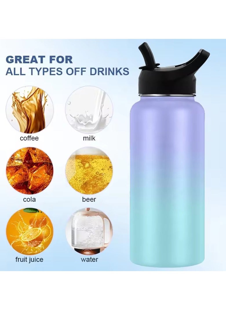 Delivus - Insulated Water Bottle Stainless Steel Sports Water Bottle With Wide Mouth & Straw Flip Leak Proof Reusable Hydro Flask Bottle for School & Travel - 32oz Black - Image 1