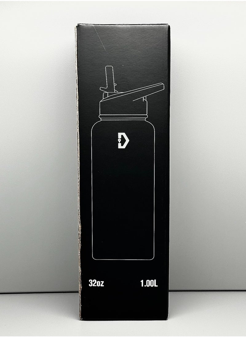 Delivus - Insulated Water Bottle Stainless Steel Sports Water Bottle With Wide Mouth & Straw Flip Leak Proof Reusable Hydro Flask Bottle for School & Travel - 32oz Black - Image 1