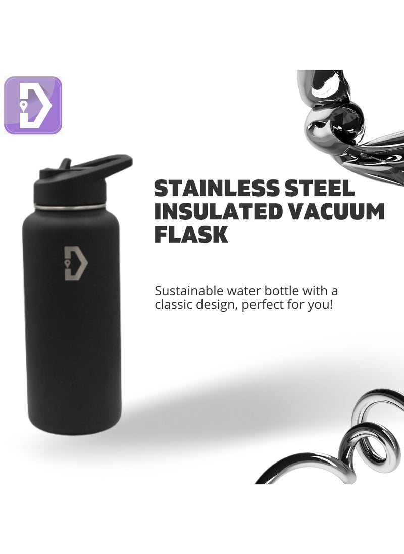 Delivus - Insulated Water Bottle Stainless Steel Sports Water Bottle With Wide Mouth & Straw Flip Leak Proof Reusable Hydro Flask Bottle for School & Travel - 32oz Black - Image 1