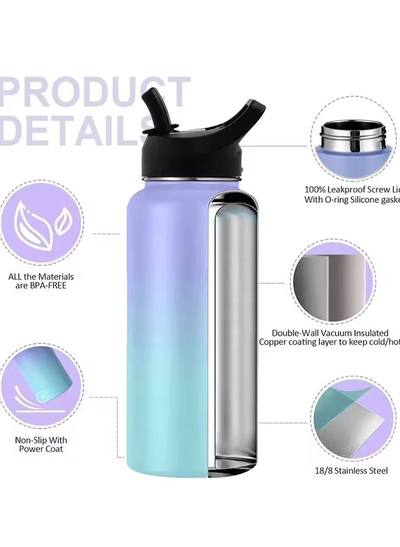 Delivus - Insulated Water Bottle Stainless Steel Sports Water Bottle With Wide Mouth & Straw Flip Leak Proof Reusable Hydro Flask Bottle for School & Travel - 32oz Black - Image 1