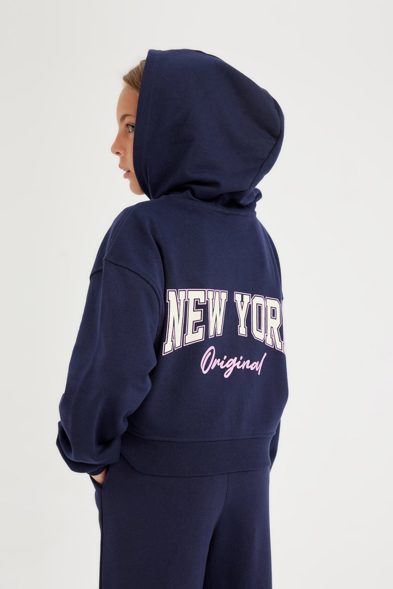 DeFacto Girl Printed Navy Blue Hooded Zippered School Cardigan - Image 1