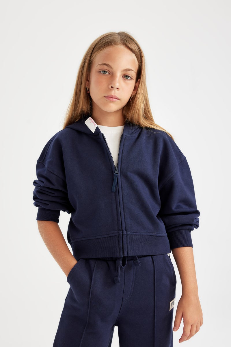 DeFacto Girl Printed Navy Blue Hooded Zippered School Cardigan - Image 5
